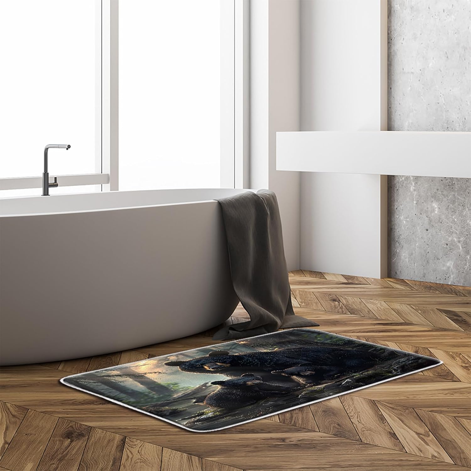 Black Bear Bath Mat Forest Wild Animal Junge Tree Rustic Country Hunting 24"x60" Microfiber Memory Foam Bathroom Kitchen Toilet Floor Decor Mat