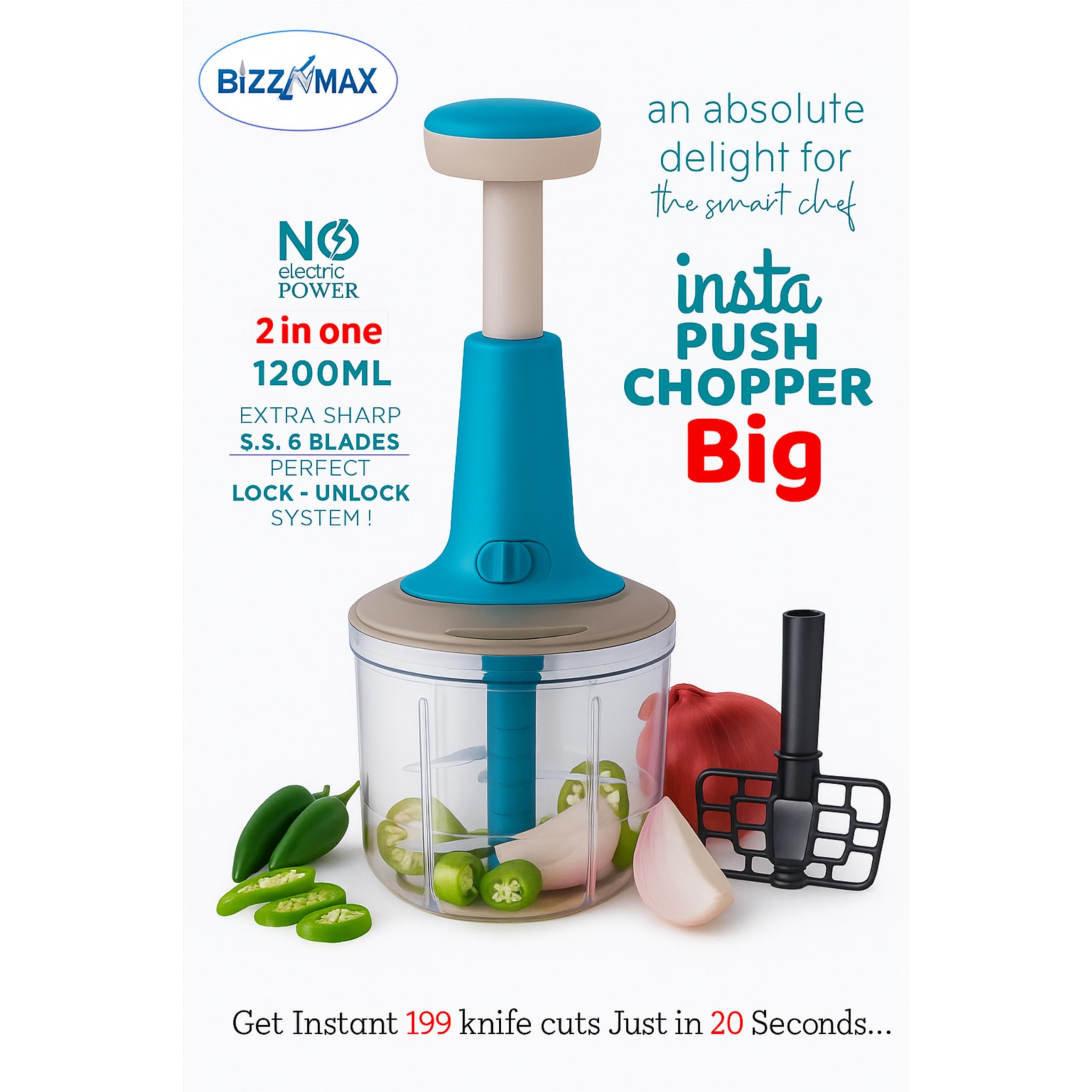 Bizznmax Insta Push Chopper – 1200ml | Fast Chopping & Blending
