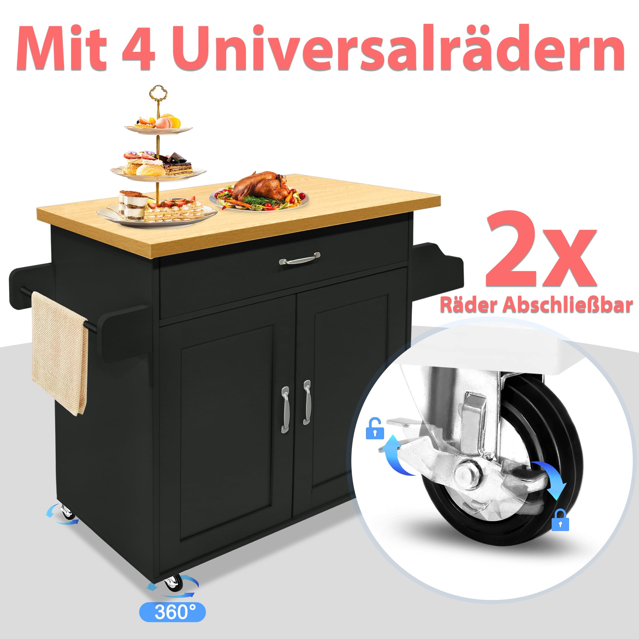 YRHome Ruchome wyspy kuchenne, wózek kuchenny z półką na przyprawy, wieszak na ręczniki i szufladą, wózek kuchenny na kółkach, szafka kuchenna z blatem roboczym, wózek do serwowania, 115 x 36 x 90 cm