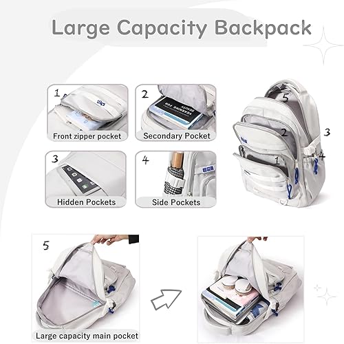 Vista 5 de Bonita mochila estética para niñas, estudiantes de secundaria, mochila para adolescentes, color sólido, ligera, mochila escolar informal con bolsa