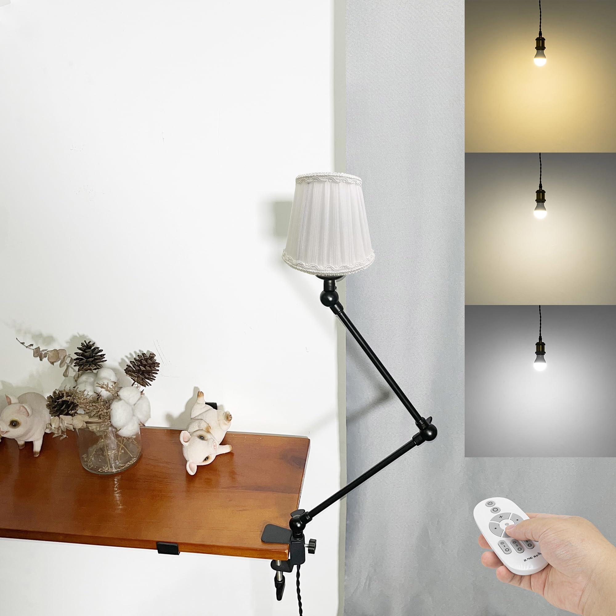 Klemmleuchte mit Fernsteuerung,1 Packung Leselampe mit 2,5 m Kabel, Dimmbar Nachttischlampe,Augenpflege Schreibtischlampe für Büro Heimgebrauch, E27 Lampenhalterung - DZ0330/1