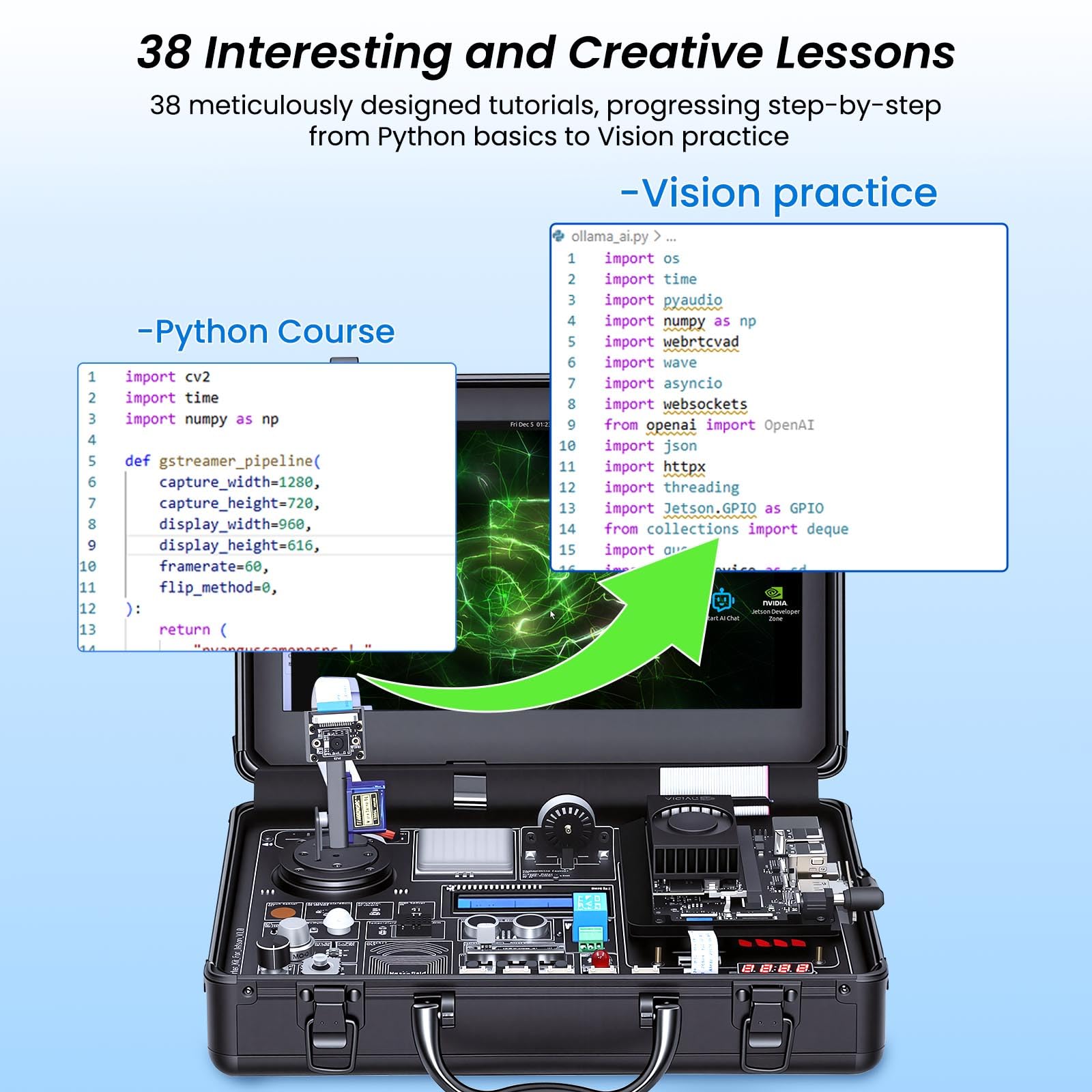 AI Starter Kit for Jetson Orin Nano, 30 Sensors No Soldering Board, 8MP IMX219 Gimbal Camera, 11.6" IPS Screen, 38 Python Tutorials with AI Voice Interaction (Without Jetson Orin Nano Board) - 5