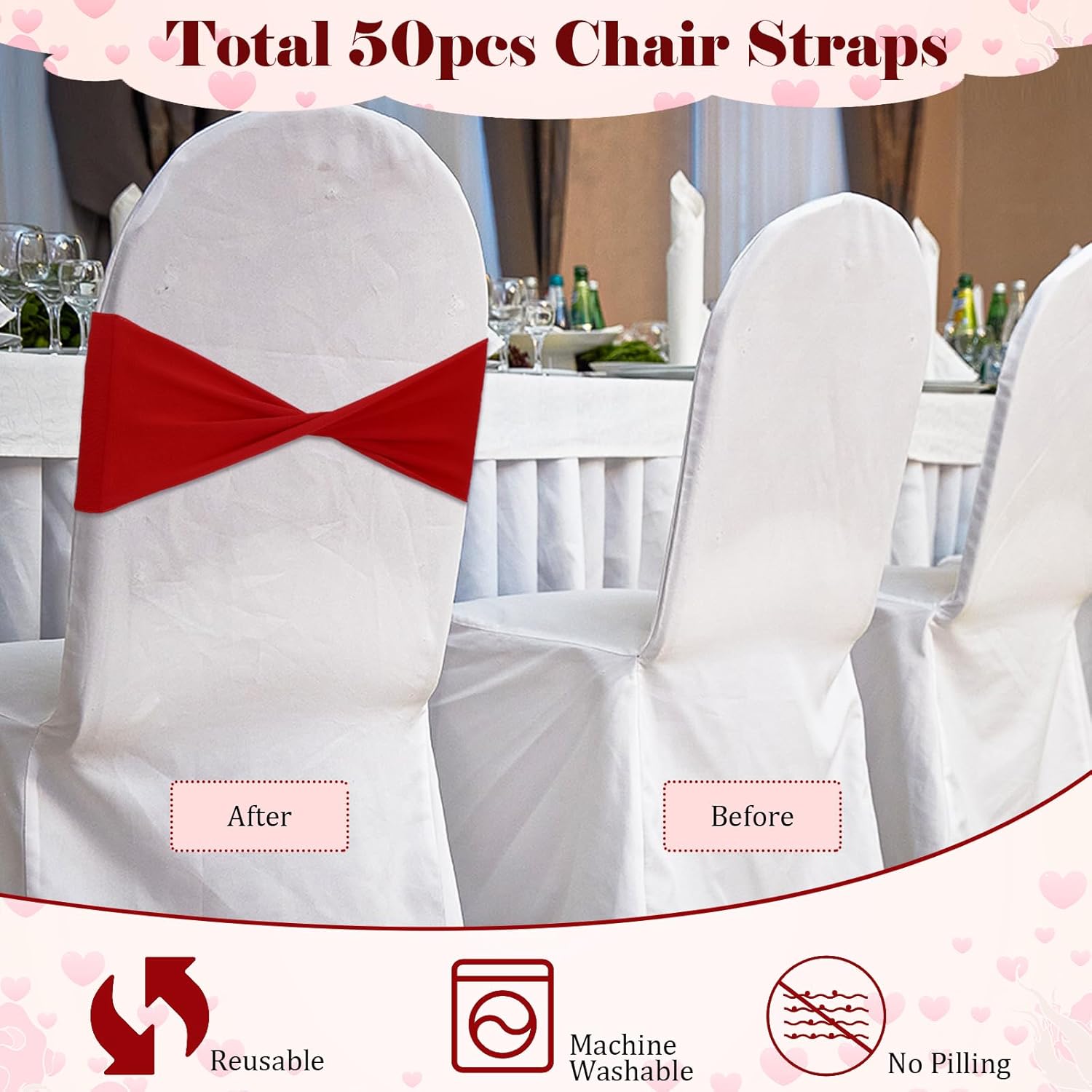 JIEYAO 50 Pcs Red Chair Sashes, Bows Chair Bands, Elastic Chair Cover Bands Ties Universal Slider Sashes for Chair Without Buckle Chair Decorations for Wedding Party Events Ceremony Birthday