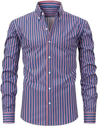 Xiaojmake Mens Long Sleeve Stripes Casual Dress Shirt Button Down Wrinkle Free 4-Way Stretch Casual Business Work Shirts