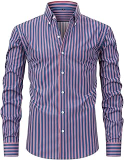 Mens Long Sleeve Stripes Casual Dress Shirt Button Down Wrinkle Free 4-Way Stretch Casual Business Work T-Shirts