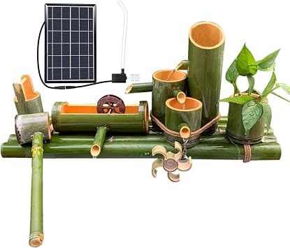 Bamboo Solar Fountain Set, Zen Water Fountain with Pump and Water Wheel, Garden Feng Shui Decoration, Indoor Outdoor Backyard Lawn, 30cm