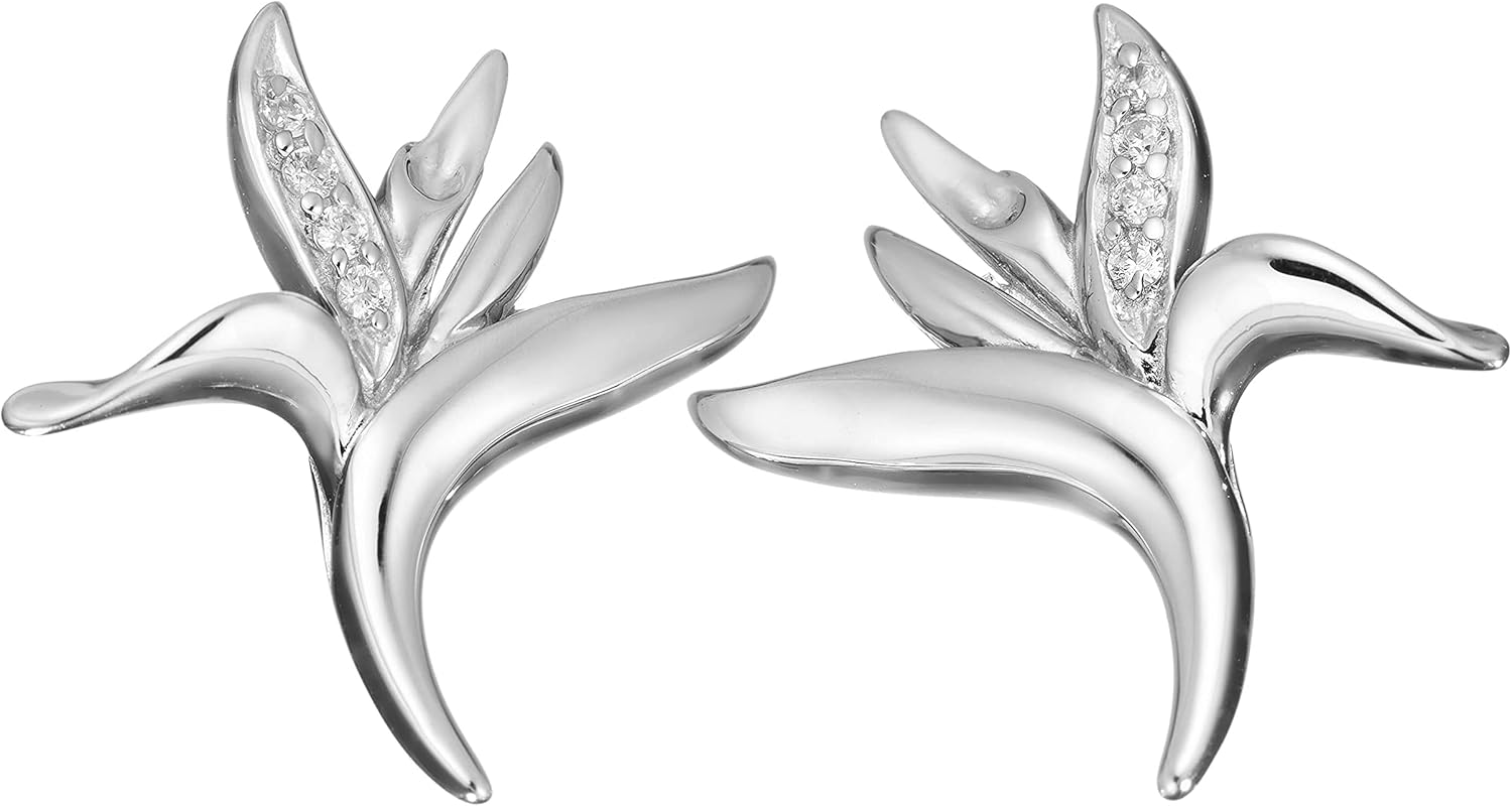925 Sterling Silver Hawaiian Bird of Paradise Tropical Flower Plant with Cubic Zirconia Stud Earrings, Nickle Free Hypoallergenic for Sensitive Ears, Nautical Sea Beach Ocean Jewelry with Gift Box