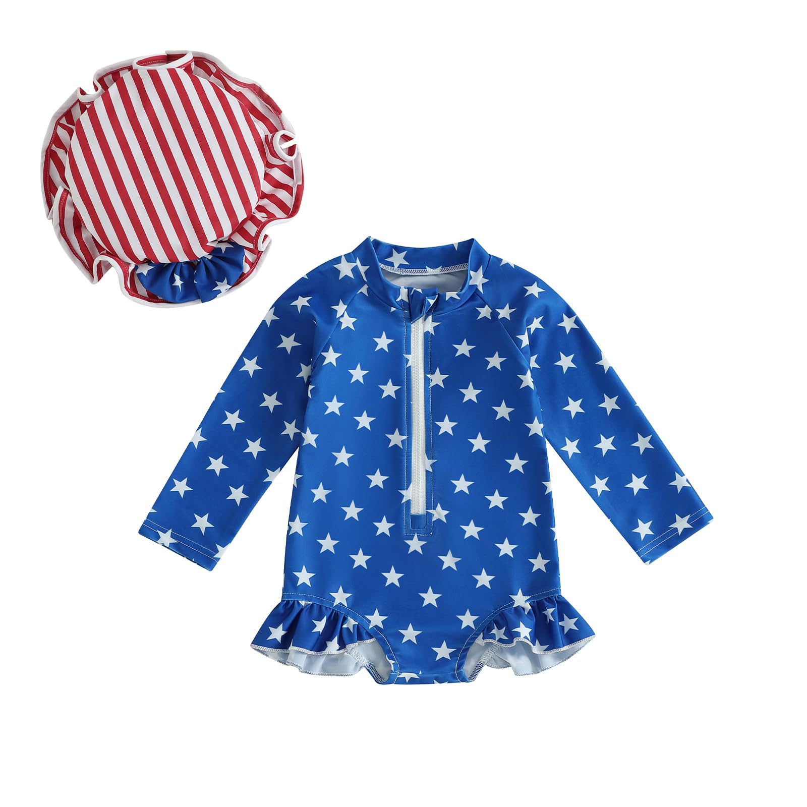 KtwHarnu Baby Girl 4th of July Swimsuit Toddler Zipper Bathing Suit One Piece Long Sleeve Ruffle Rash Guard Swinwear with Hat (Blue, 2-3 Years)