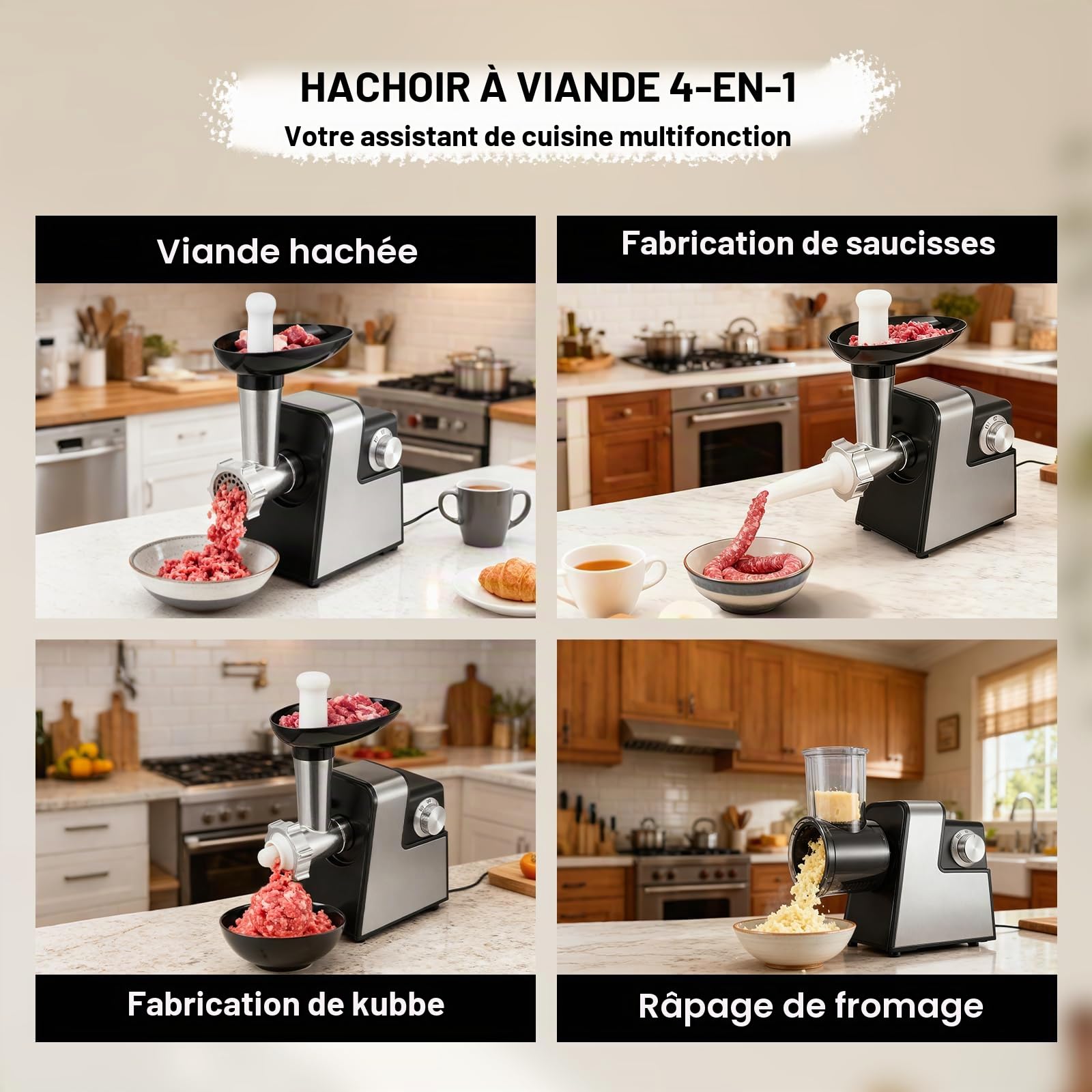 Hachoir à viande électrique 2800W, robot culinaire avec coupe-légumes, râpe à fromage, mandoline avec 5 accessoires, set pour saucisses et boulettes de viande, pour hacher et couper