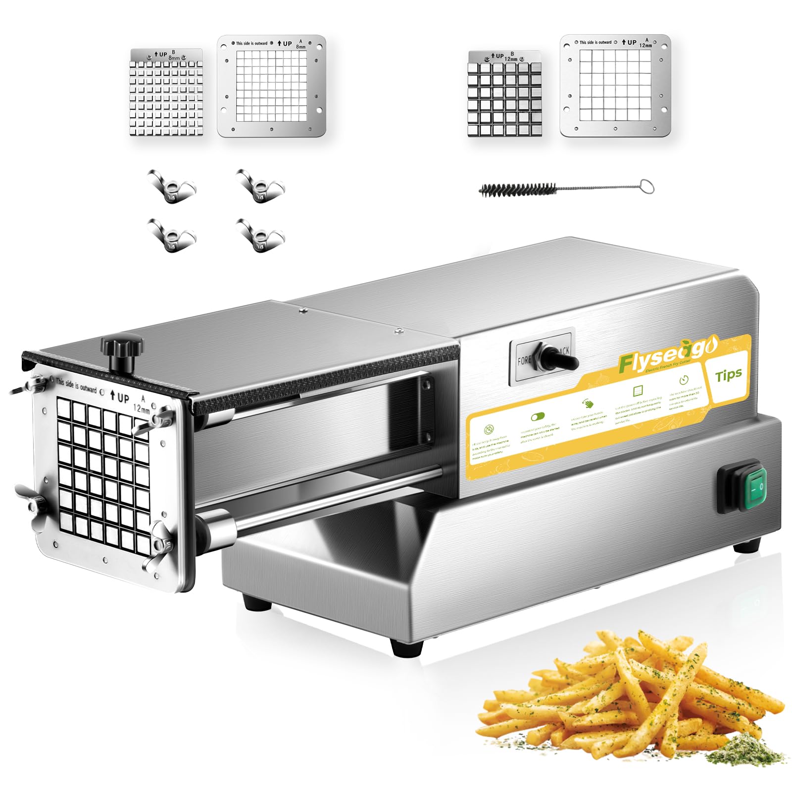 Photo 1 of Flyseago French Fry Cutter Electric Potato Cutter Stainless Steel Professional With 4 Blades For Commercial, Home Use & Cucumbers, Carrots, Sweet Potatoes, Silvery