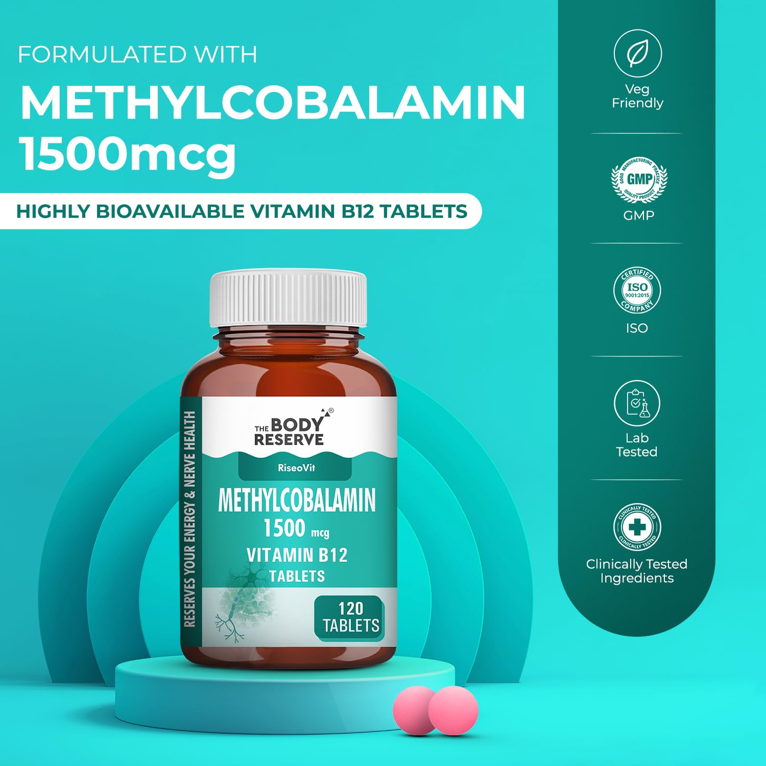 THE BODY RESERVE Vitamin B12 Tablets 1500 mcg as Methylcobalamin Vitamin B12 Supplements for Men & Women -120 Veg tablets (4 Months Supply Pack) — Amazon image 2