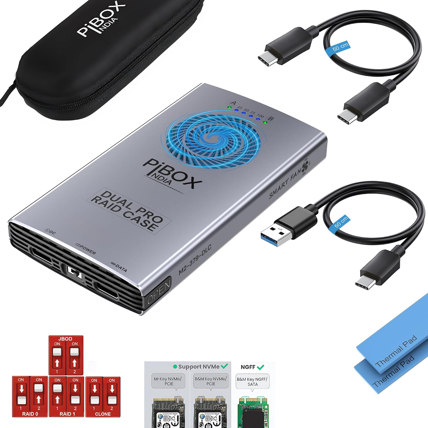 M.2 Dual NVMe NGFF Dual Enclosure, PiBOX India NVMe/NGFF SATA Dual Protocol USB-C 3.2 2x2 , 4 RAID Modes JBOD/RAID 0/1/CLONE, Tool-Free Aluminum M2 SSD Reader Support M & B&M Key 2230/2242/2280 SSD