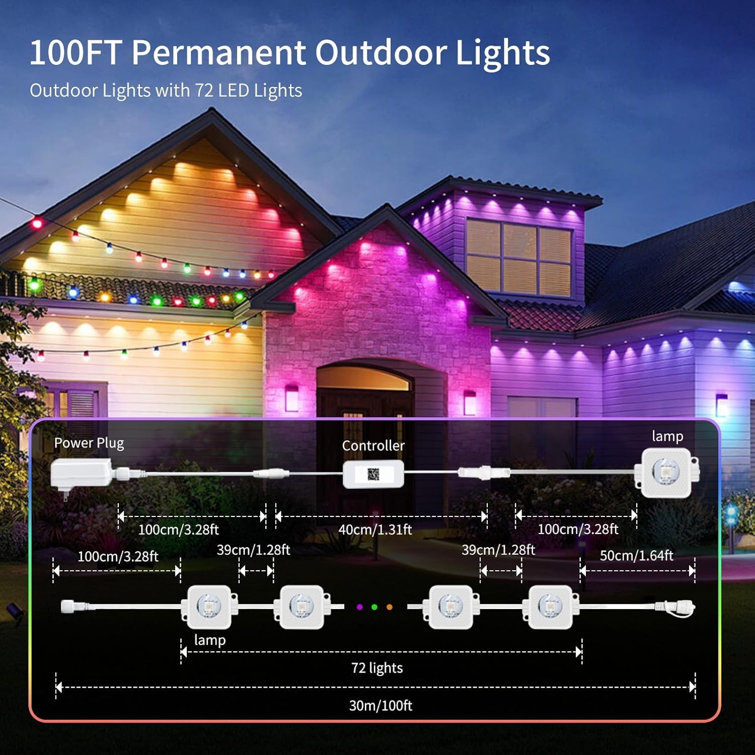 Permanent Outdoor Lights, 100ft with 72 LED Lights, IP67 Waterproof, 75 Scene Modes for Patio, Eave, Outdoor Decor, Compatible with Alexa, Google Assistant, White