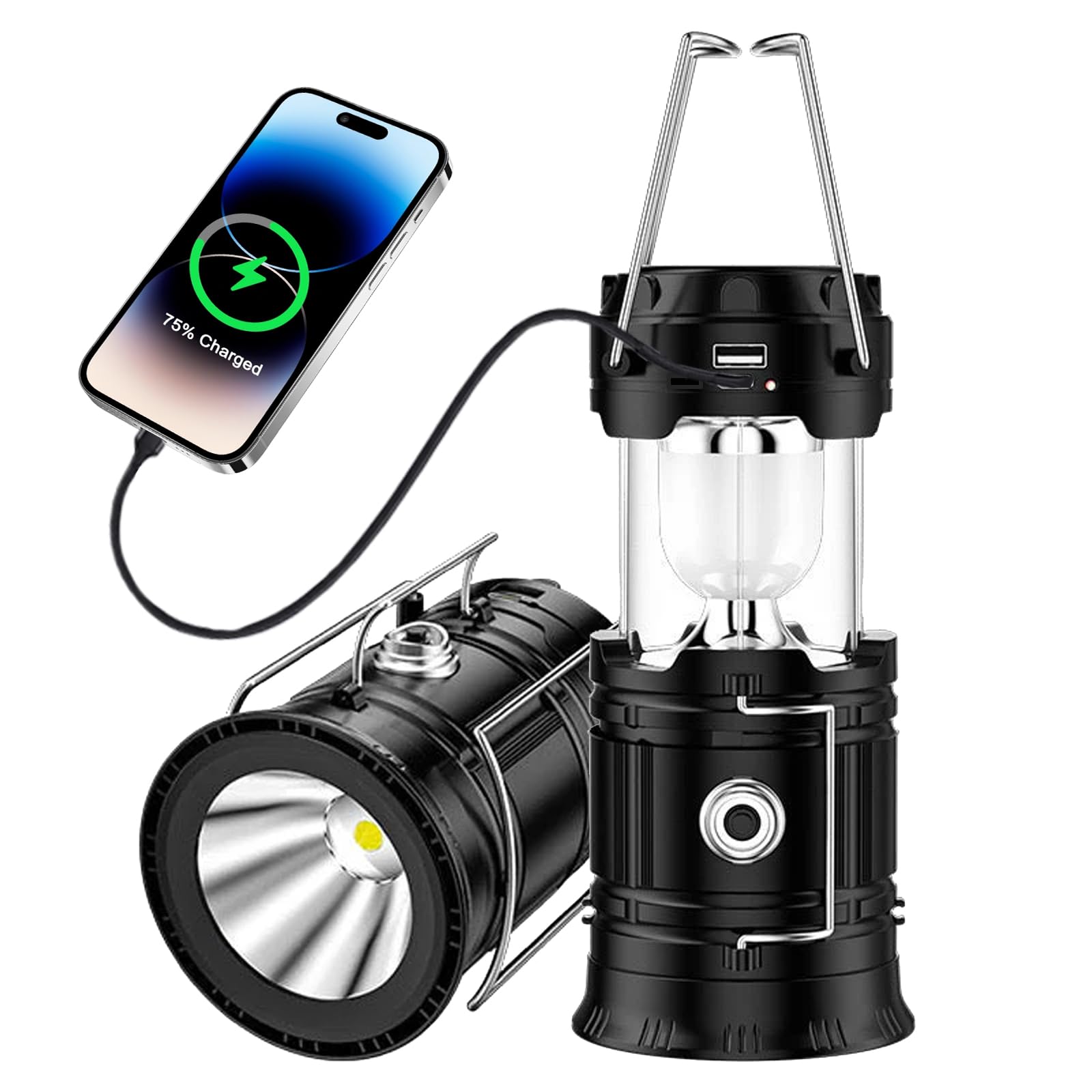 2-in-1 Camping Lanterns Rechargeable Camping Lights with Solar and USB Charger Portable Hanging Tent Light Foldable Tent LED Light for Outdoor Camping Tent Emergency Lighting and Hiking Fishing