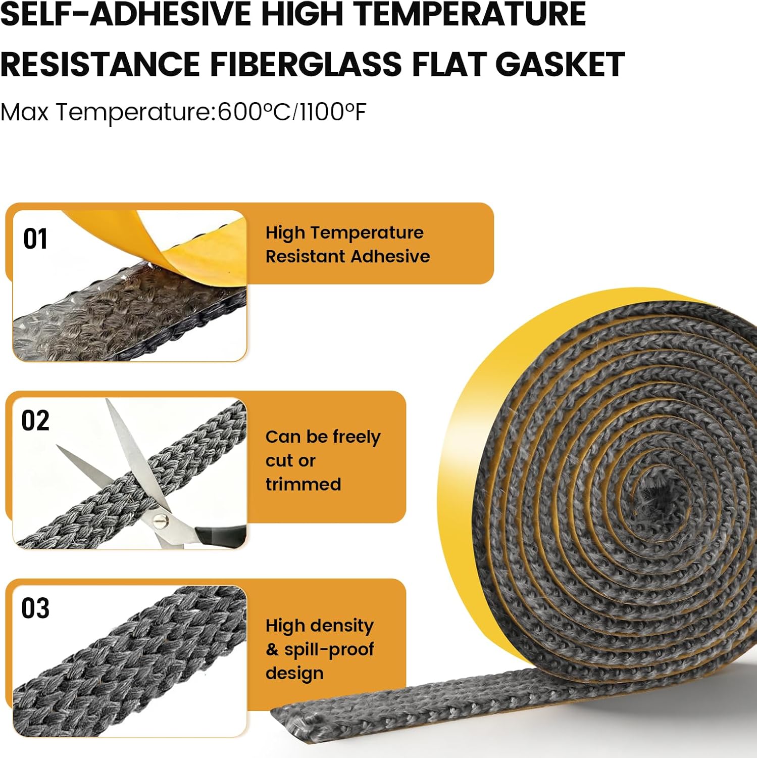 Wood Stove Gasket Tape Kit, 5/8" Width, 1/8" Thick, 72" Length, Gray
