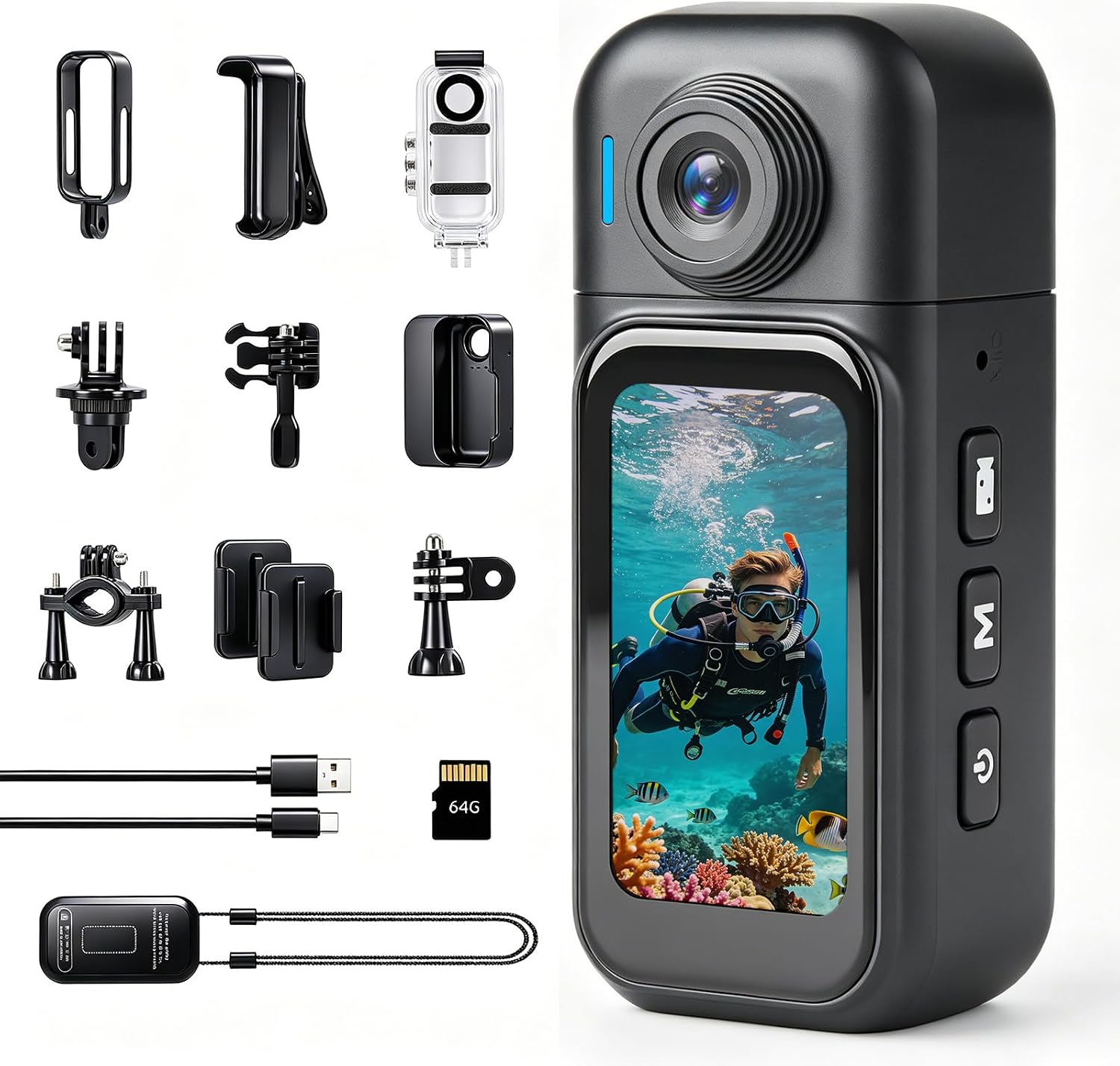 4K Mini Body Camera - 64GB Action Camera Portable POV Cam with Magnet Necklace 360° Back Clip for Vlogging Biking Fishing Baseball Motorcycle Travel(Black)