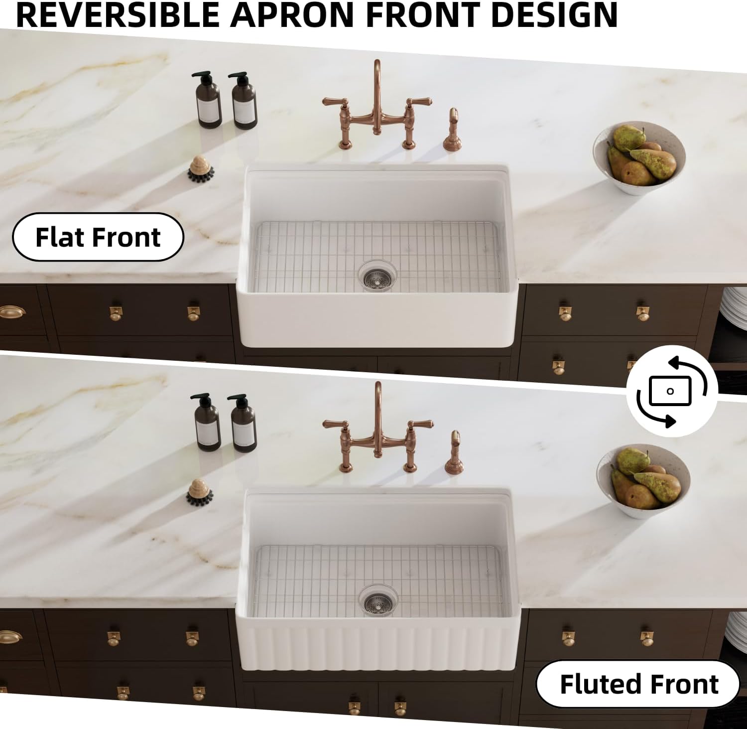 Farmhouse Sink 33 Inch, Los Flexi 33"W x 20"D Farm Workstation Sink, Fireclay Kitchen Sink White with Drying Rack, Cutting Board and Drain Strainer, Reversible Installation