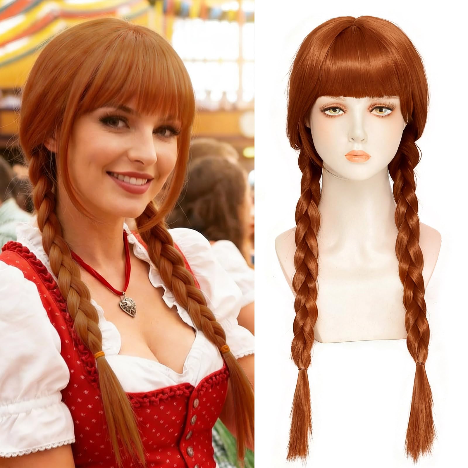 PARXITN Cosplay Tiefes Orange Perücke Einstellbare Passform lange doppelte geflochtene Perücken mit Pony Halloween Perücke für Party Karneval für Frauen