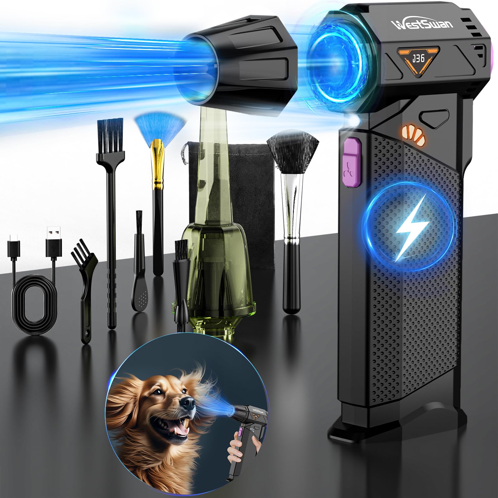 Westswan Compressed Air Duster, 210000RPM Mini Electric Air Duster Equipped with Continuously Variable Speed, 320g Wind Pressure Turbo Blower with Vacuuming Unit for Keyboard, PC, Car, Home(Black)