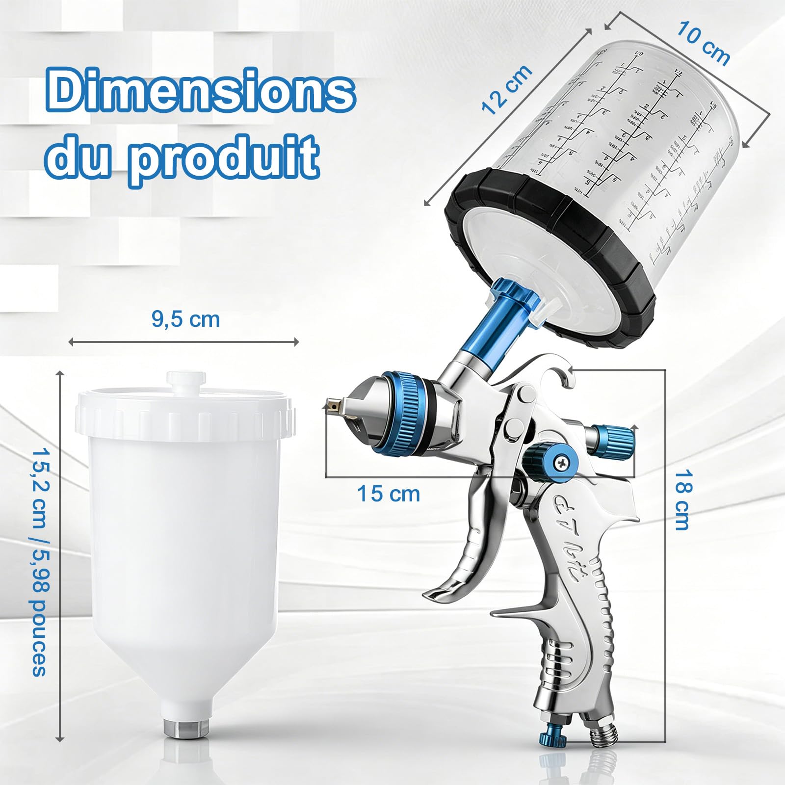 Pistolet à Peinture HVLP à gravité, 3 Buses 1,4/1,7/2,0mm, 10 Godets 650ml
