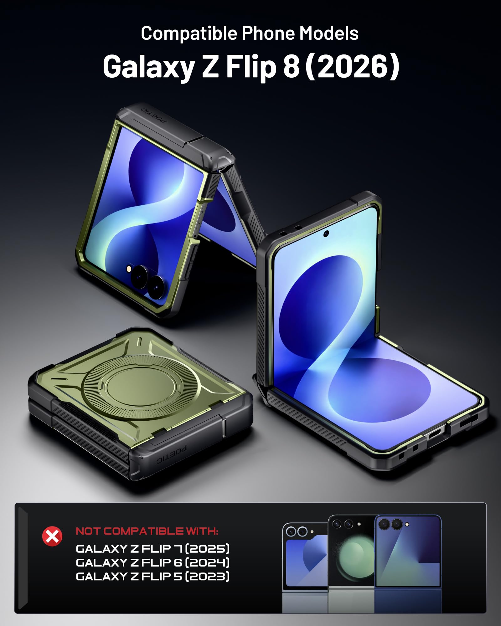 Poetic Spartan - Custodia protettiva per Samsung Galaxy Z Flip 8, con cerniera, compatibile con MagSafe, pellicola protettiva in vetro temperato, robusta, antiurto, con cavalletto, colore: verde