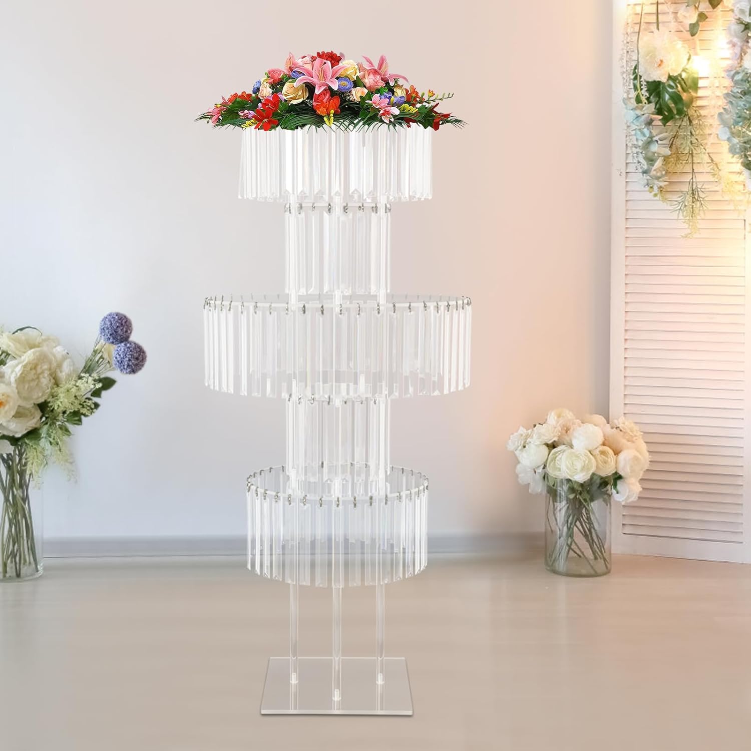 5-Tier Luxurious Crystal Flower Vases with Hanging Crystals, 43.3 Inch Tall Acrylic Wedding Centerpieces Pedestal Stand for Wedding Road Lead Flower Arrangement Decoration