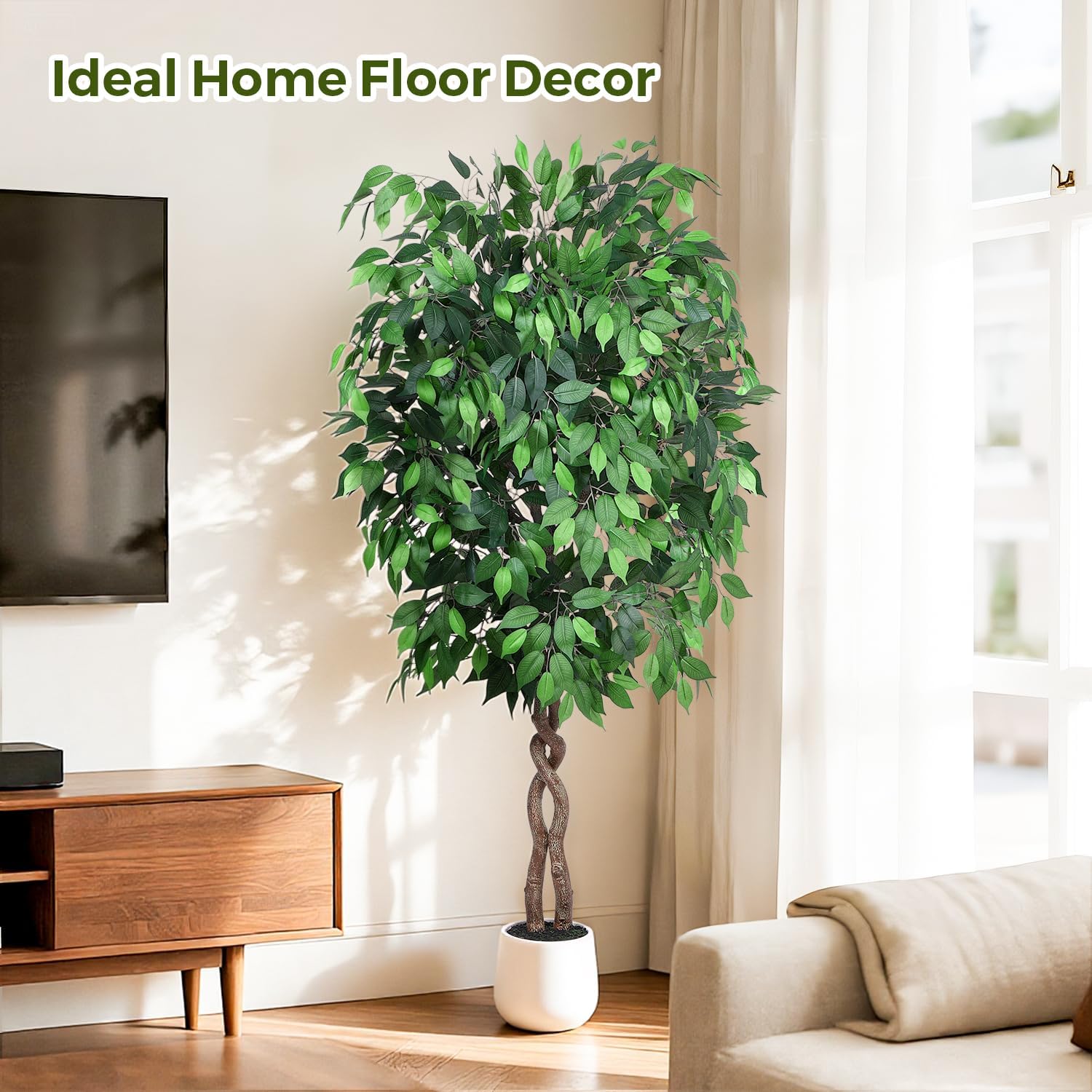 6FT Artificial Ficus Tree, Tall Faux Trees Indoor with White Planter, Dried Moss, Natural Silk Leaves & Trunk, Fake Plants for Home Living Room Office Corner Decor Housewarming Gift - Image 4