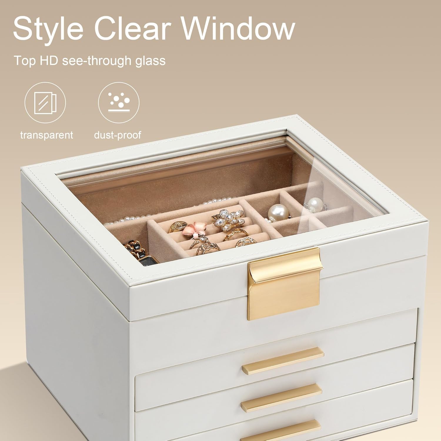 Jewelry Box Organizer for Women,4 Layers Jewelry Storage Display Box with Glass Lid,Gift for Christmas,3 Drawers,Large Capacity for Necklace Earrings Bracelets Rings,White