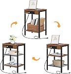 HOOBRO End Table with Charging Station and USB Ports, 3-Tier Nightstand with Adjustable Shelf, Narrow Side Table for Small Space in Living Room, Bedroom and Balcony, Rustic Brown BF112BZ01