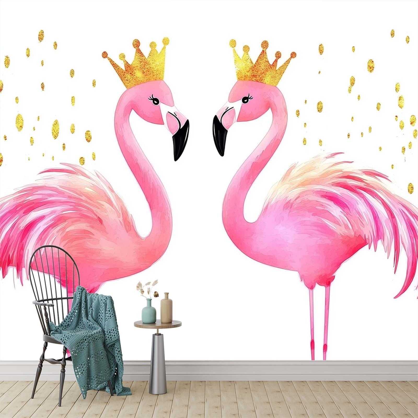 Watercolor Effect Wall Mural Cute Flamingo Home Decoration Photo Mural, Wall Decoration for Bedroom Nursery Living Room Home Decoration 350 x 256 cm Photo Wallpaper