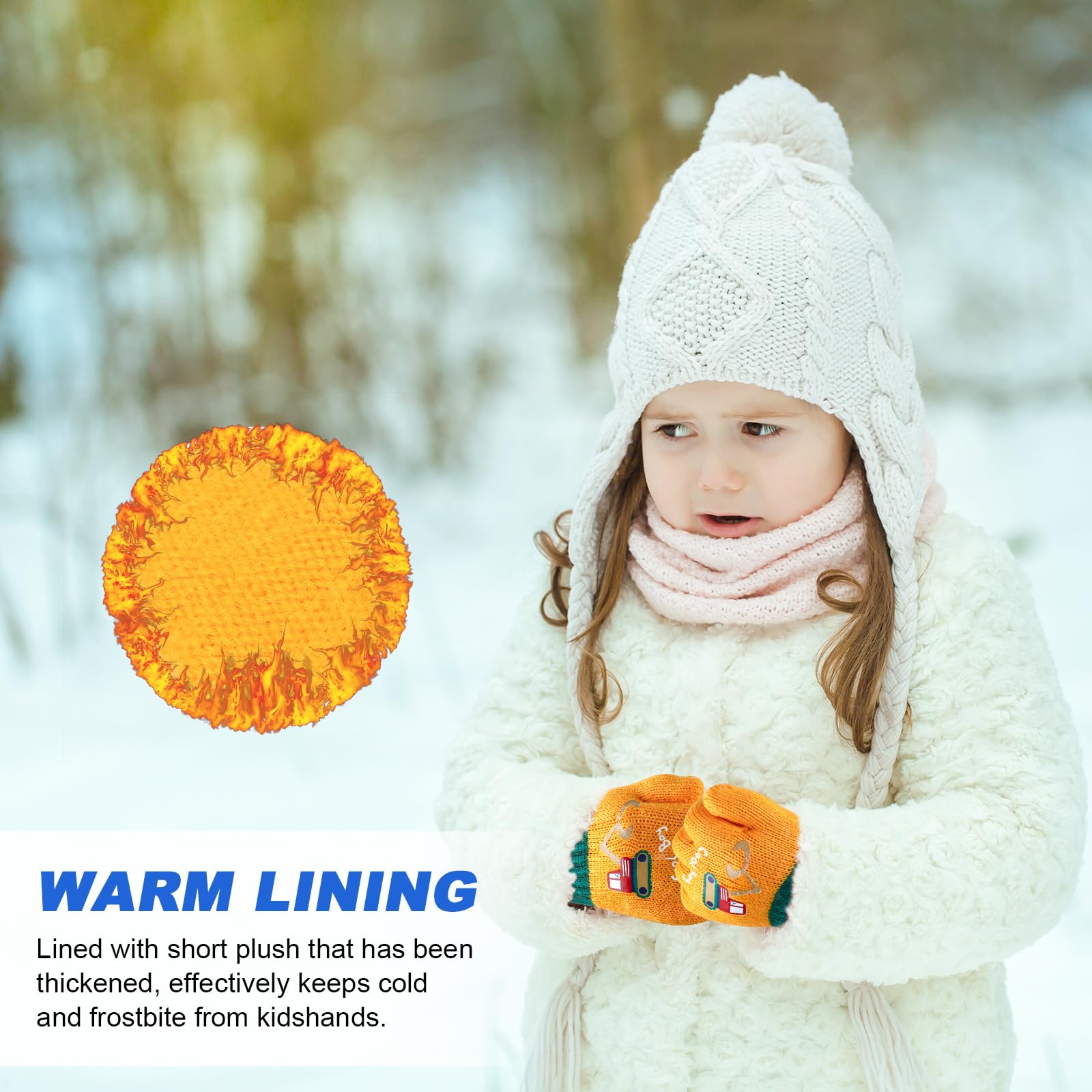 QKURT 6 Paia Guanti Lavorati a Maglia per Bambini, Invernali Anti-Freddo Elasticizzati Unisex con Dita Intere, Modello Escavatore per Ragazze Ragazzi di 2-4 Anni