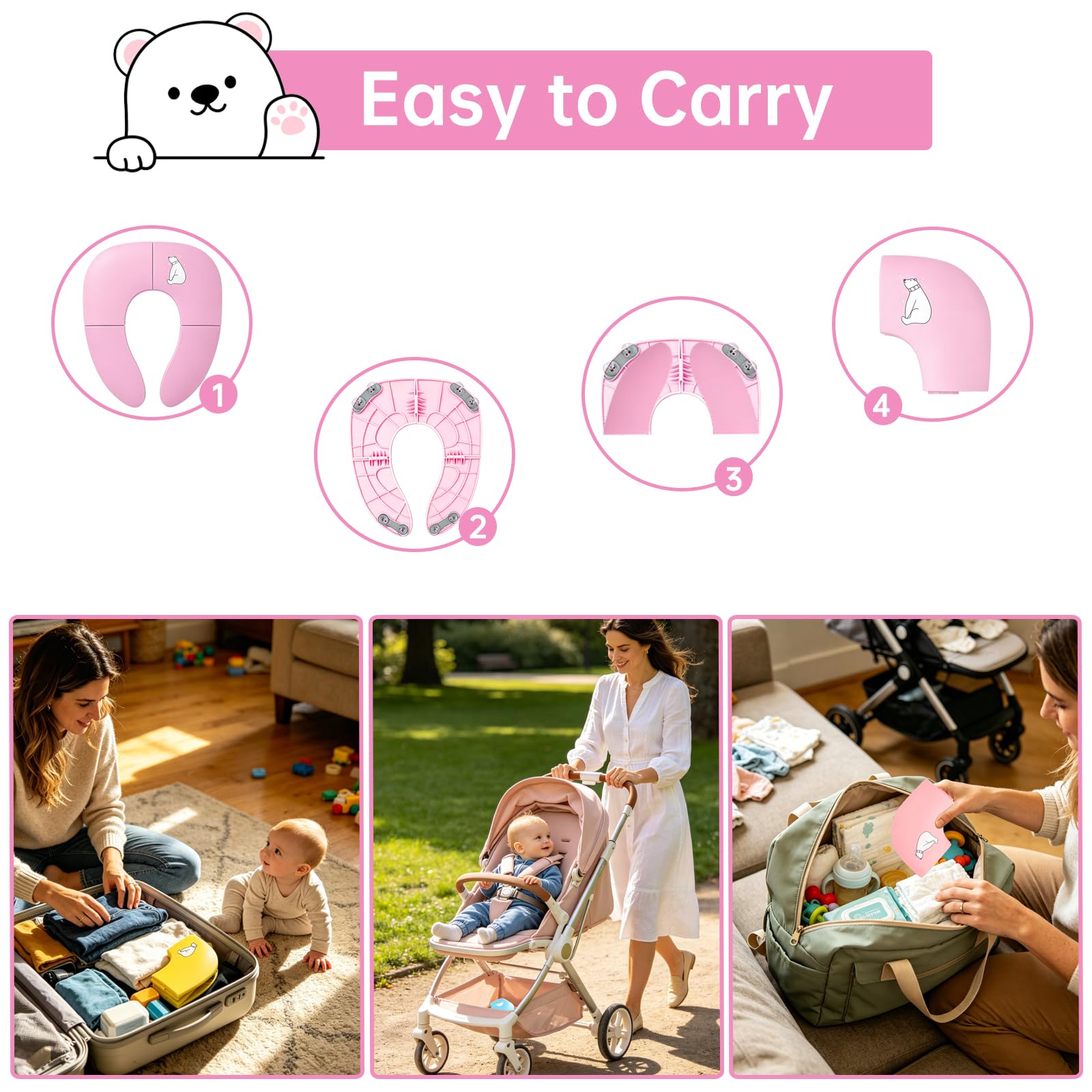 Asiento Inodoro Plegable para Niños, Adaptador WC de Viajes Plegable Portatil con Bolsa de Viaje, Diseño Compacto Y Portátil, Asiento Inodoro Reductor Reutilizable para Niños Pequeños/Orinal (Rosa)