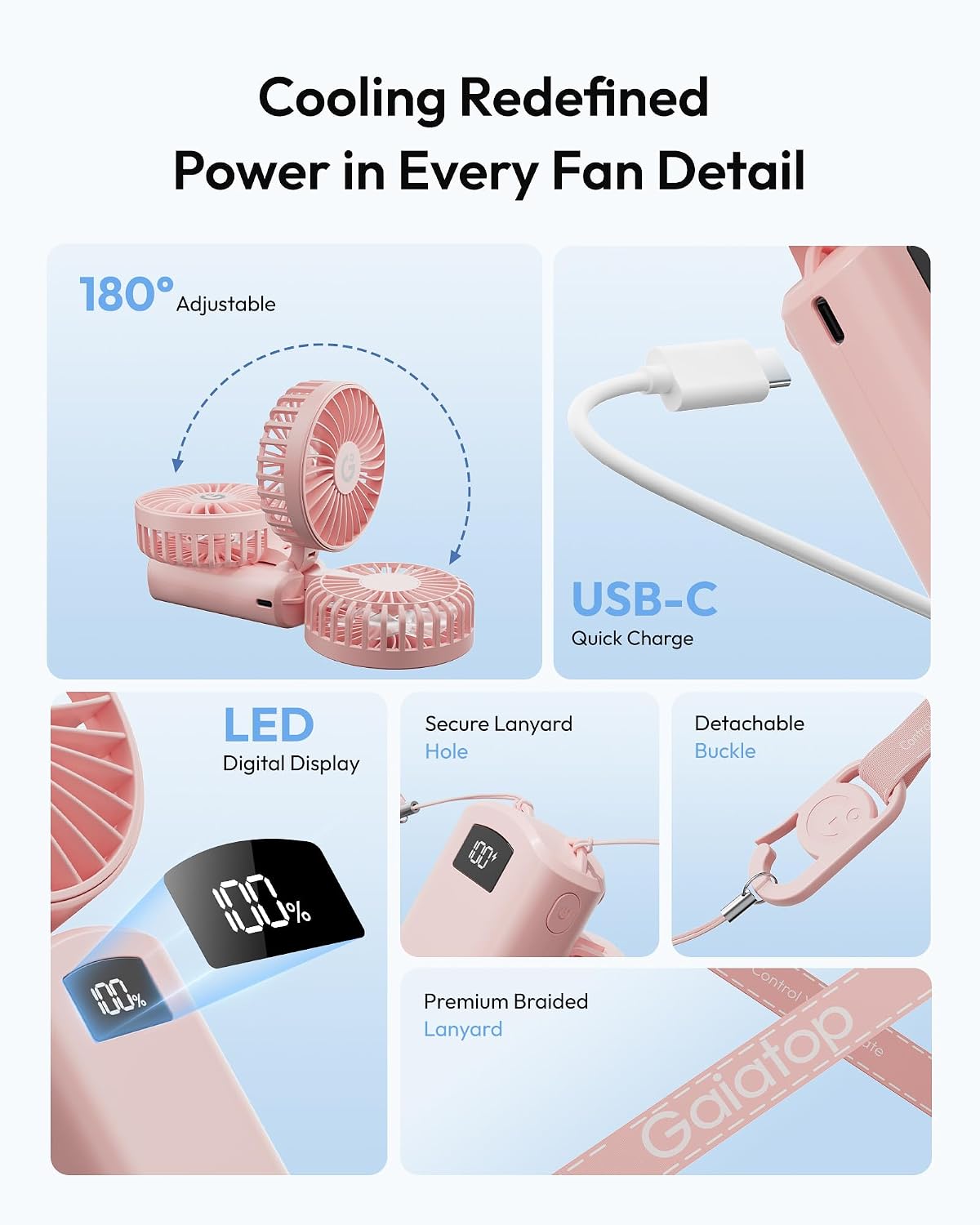 Gaiatop Foldable Handheld Mini Fan, Small Portable Personal Fan, 3 Gears Strong Wind, LED Display, USB Rechargeable Battery Operated, Gift for Women, Makeup, Travel Outdoor, Pink