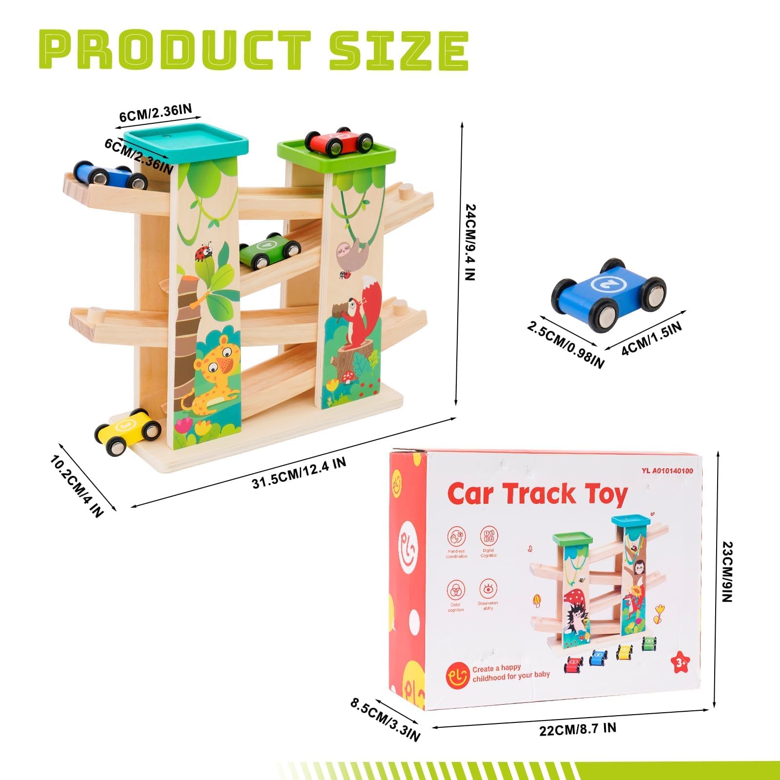 Wooden Car Ramp Toys Click Clark Race Cars Wooden Race Track Car Ramp Racer Zig Zag Track with 2 Parking Lot Garage 4 mini Cars Slide Montessori Toys Gifts for Toddlers Boys Girls 1 2 3 + - Image 2