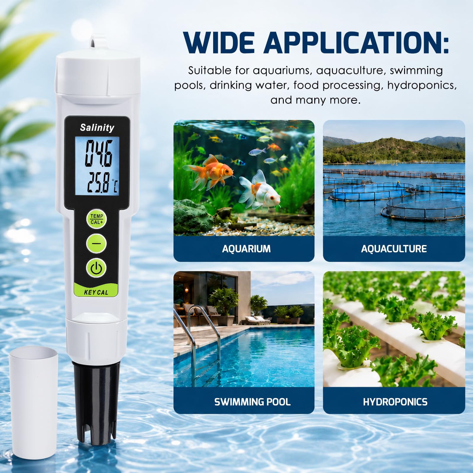TEKCOPLUS Testeur de salinité 2 en 1 0–199,9 PPT avec ATC, testeur de salinité et de température numérique pour aquarium, réservoir marin, étang à poissons et piscine, eau de mer salée, hydroponie