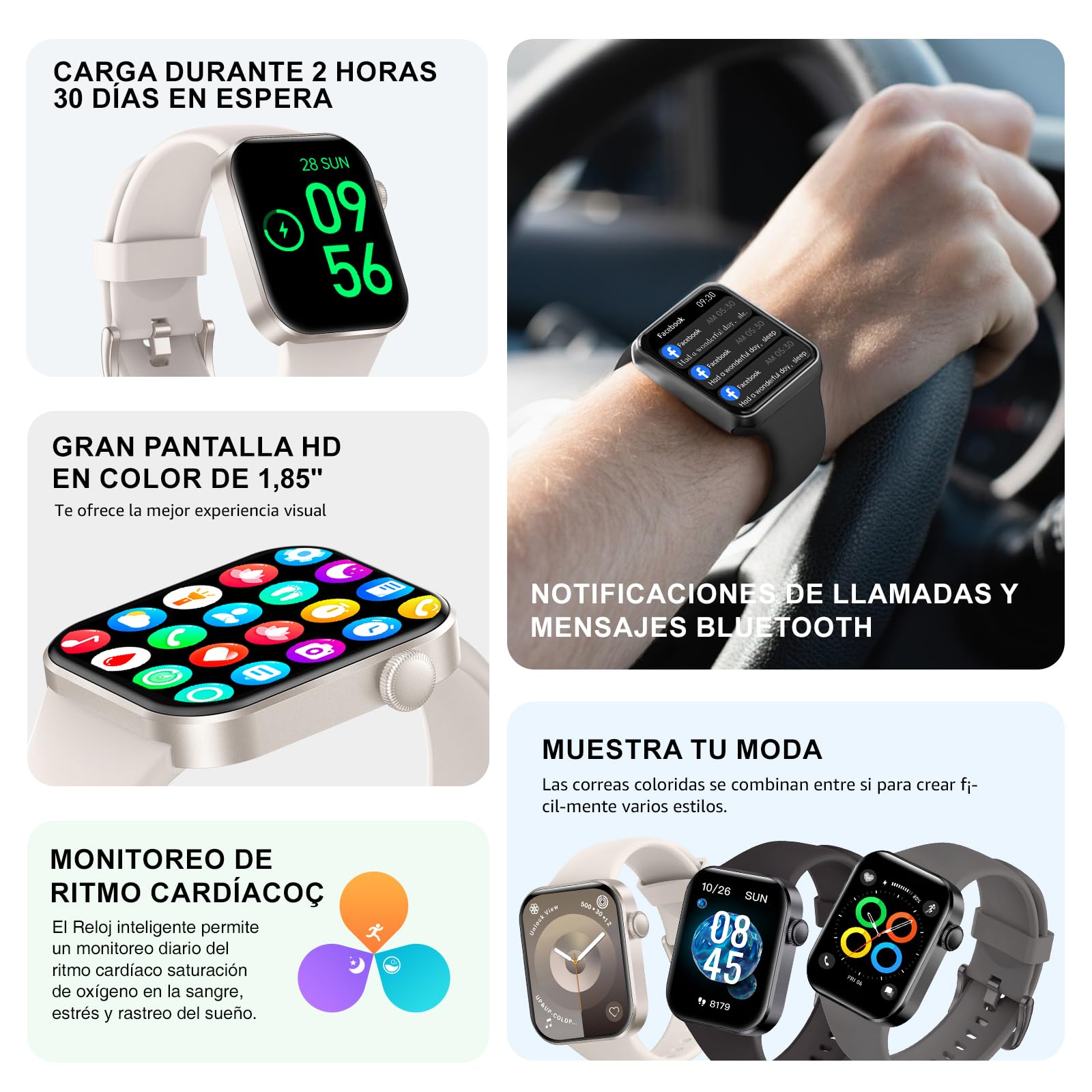 Reloj Inteligente Mujer Hombre, 1.85" Smartwatch con Llamadas Bluetooth, 140+ Modos Deportivos Smart Watch con SpO2/Pulsómetro/Monitor de Sueño/Podómetro, Impermeable IP68 Smart Watch Para Android iOS