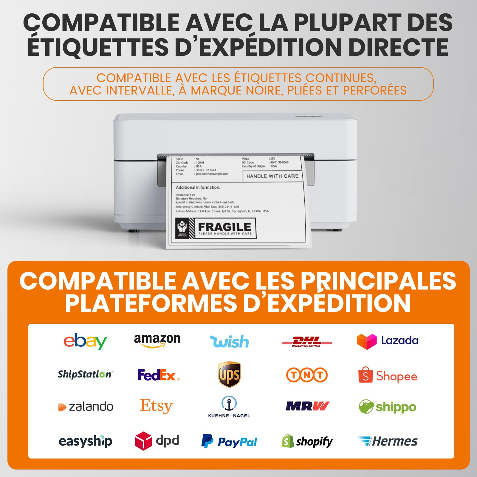 DHL Imprimante d'étiquettes Bluetooth 4 x 6 étiquettes d'expédition Imprimante thermique pour Shopify Ebay Etsy DPD UPS Code-barres Compatible avec iOS, Android, Windows, Mac, Linux