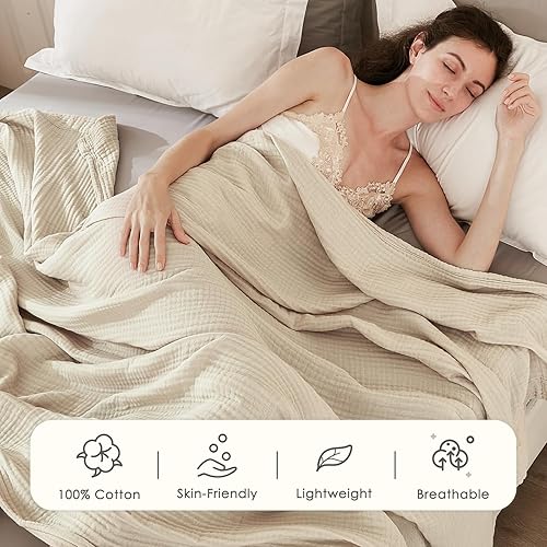Miniatura 3 de EMME - Manta de algodón tamaño queen para cama, suave y grande, de muselina, de 90 x 90 pulgadas, ligera y transpirable, para todas las estaciones,