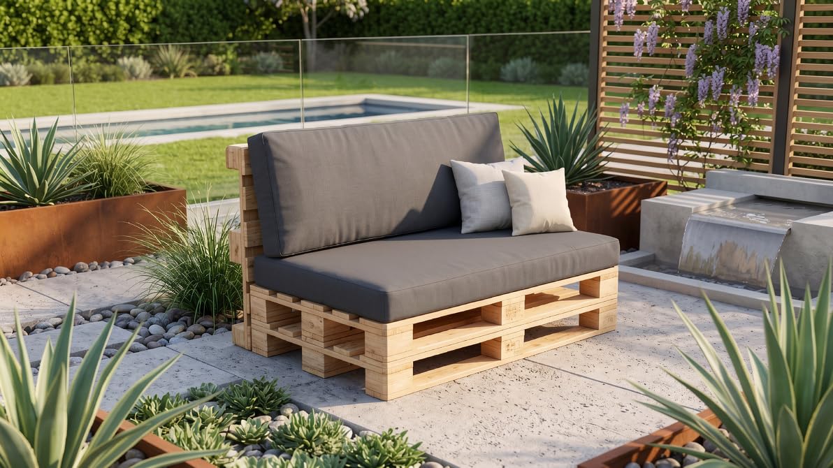 Pack Cojines para Sofá de Palets, Gris, Asiento 120x80cm + Respaldo 120x60cm, 50% Algodón 50% Poliéster, Espuma Alta Densidad, Funda Desenfundable
