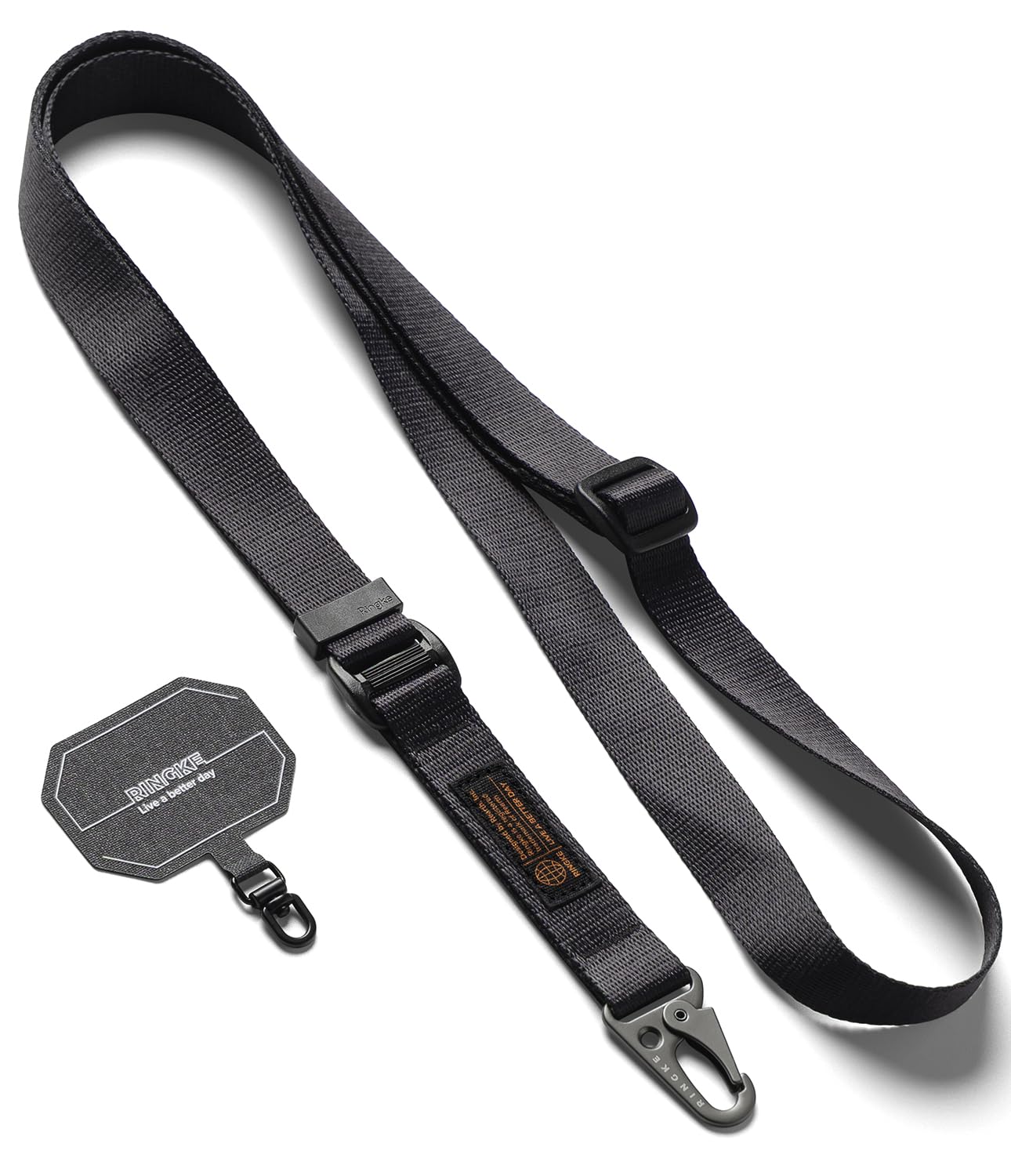 Ringke Tactical Webbing Lanyard Strap with Patch [Heavy Duty Tactical Carabiner] Durable Anti-Tear Multi-Purpose Phone Shoulder Neck Strap for Travel, Hiking, etc. - Black