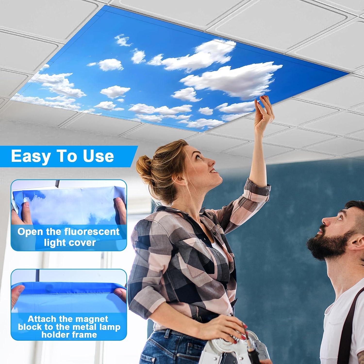 4 Pcs Fluorescent Light Covers for Ceiling Lights Classroom, Stylish Fluorescent Lampshades Classroom Light Cover Magnetic, Modern Ceiling Light Covers for Office, Home, Hospital (sky cloud) image 5