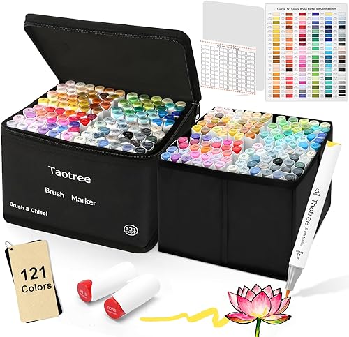 Taotree Marcadores de pincel de alcohol, suministros de arte, 121 colores de doble punta para colorear, bolígrafos de pincel y punta de cincel,