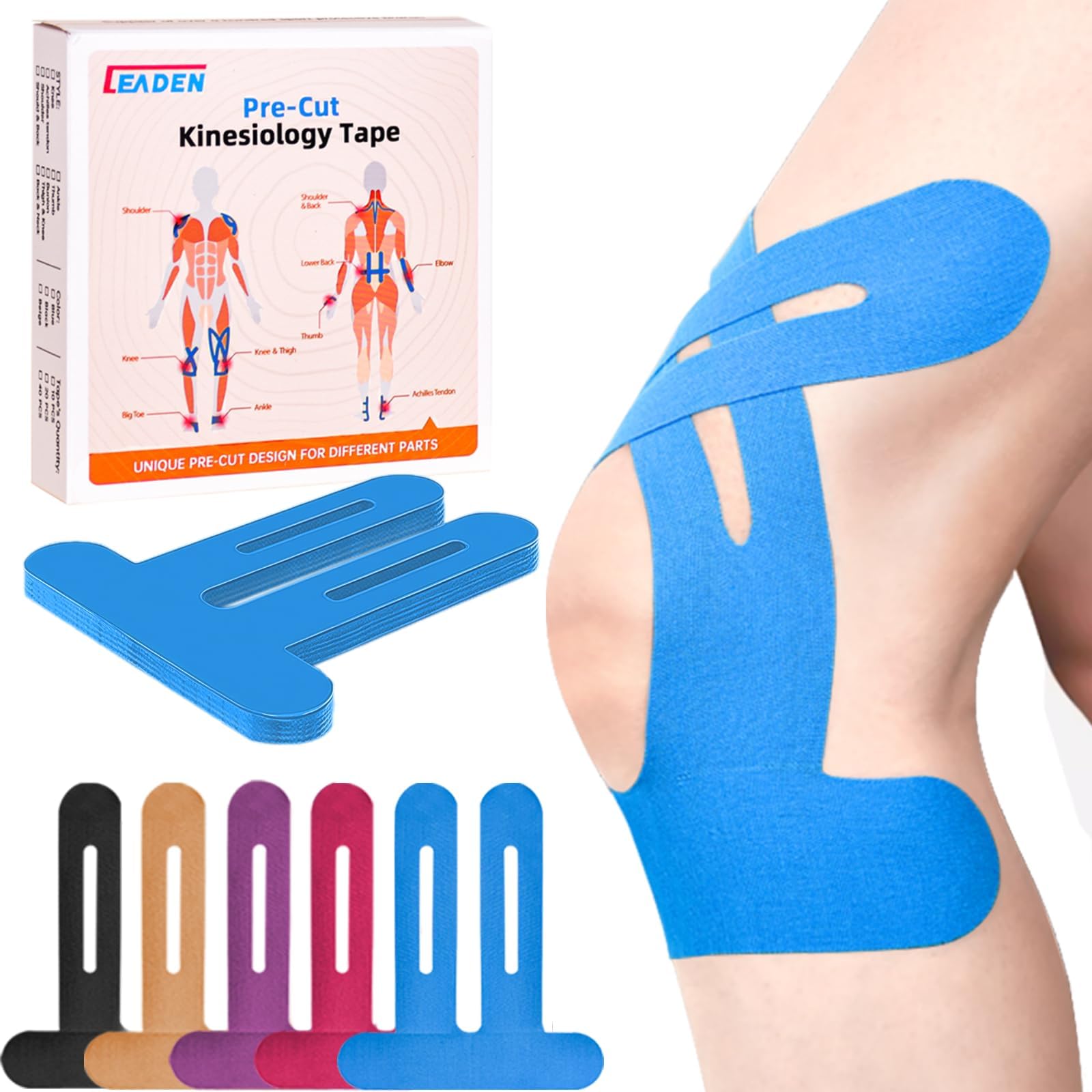 IEADEN Precut Kinesiology Tape for Knees, 10 Strips - Knee Support & Stability, Knee Pain Relief Athletic Tape - Waterproof & Elastic, Breathable Hypoallergenic Latex-Free Tape, Blue