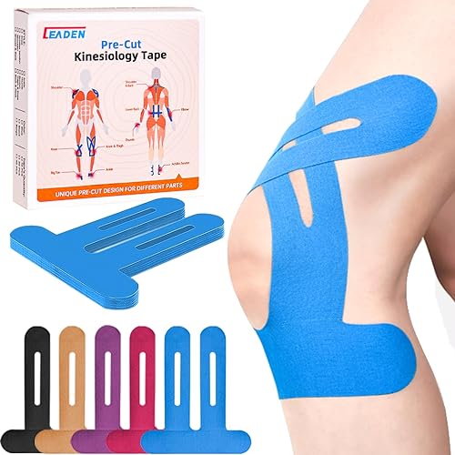 Miniatura 12 de IEADEN Cinta de kinesiología precortada para rodillas, 10 unidades, soporte y estabilidad de rodilla, cinta atlética para aliviar el dolor de Negro