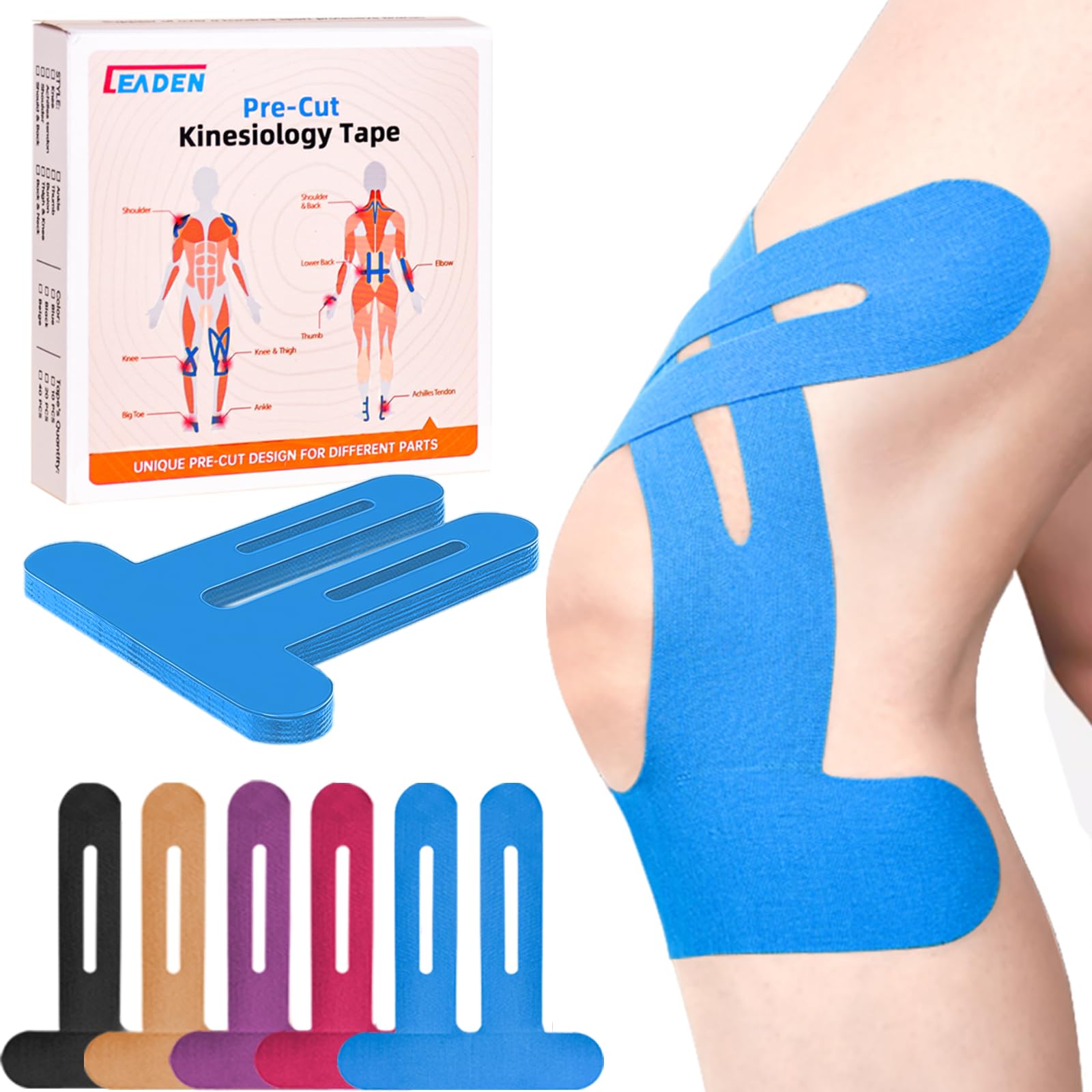 IEADEN Precut Kinesiology Tape for Knees, 10 Pcs - Knee Support & Stability, Knee Pain Relief Athletic Tape - Waterproof & Elastic, Breathable Hypoallergenic Latex-Free Tape, Blue