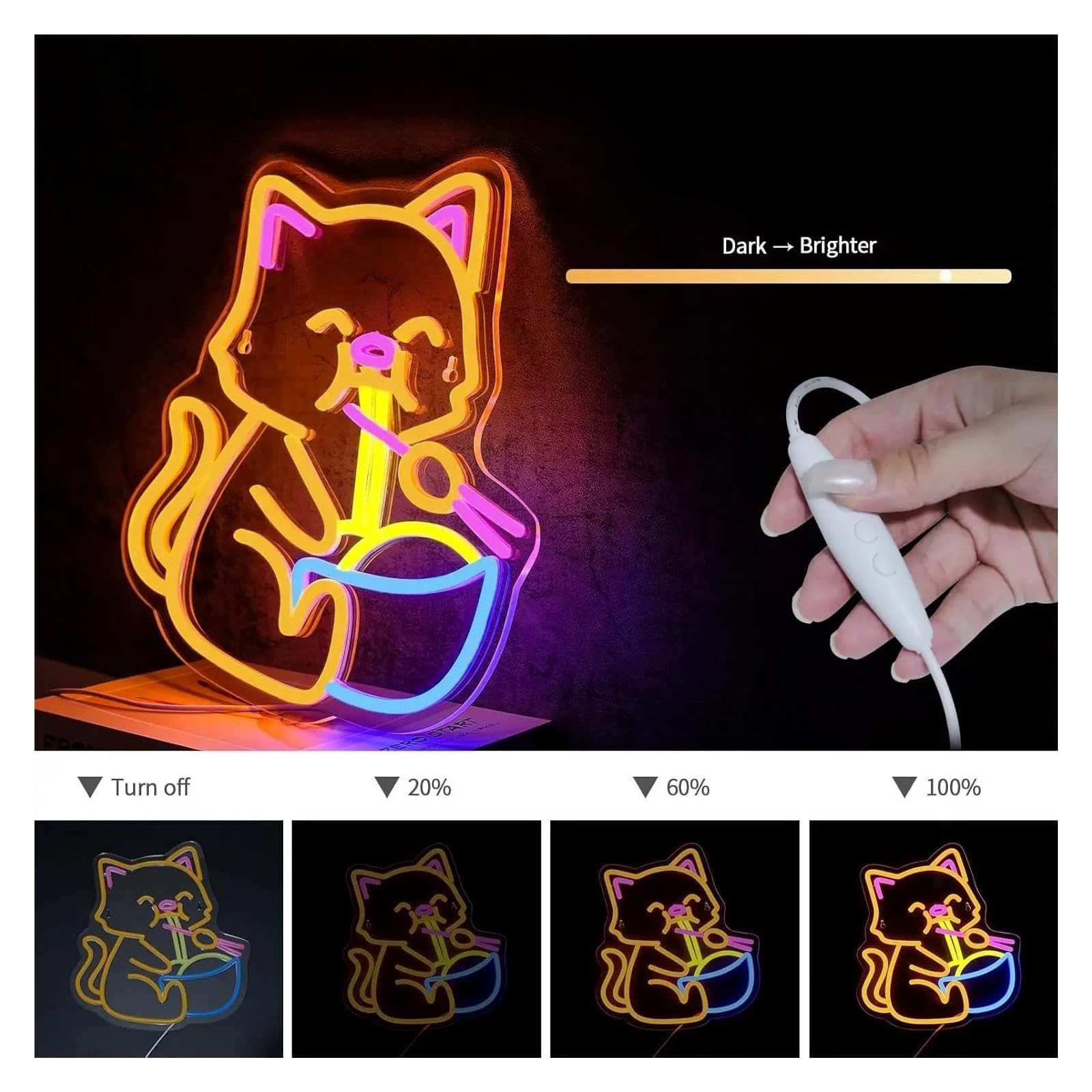 LED néon signe Ramen Panneau Néon En Forme De Chat Alimenté Par USB, Intensité Variable, Pour La Maison La Cuisine La Décoration De Restaurant Signes D'ambiance 32cm×33.5cm