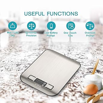 Ultrean Food Scale, Digital Kitchen Scale with LCD Display, Weight Grams and Ounces for Baking Cooking and Meal Prep, 6 Units with Tare Function, 304 Stainless Steel, 11lb (Batteries Included)