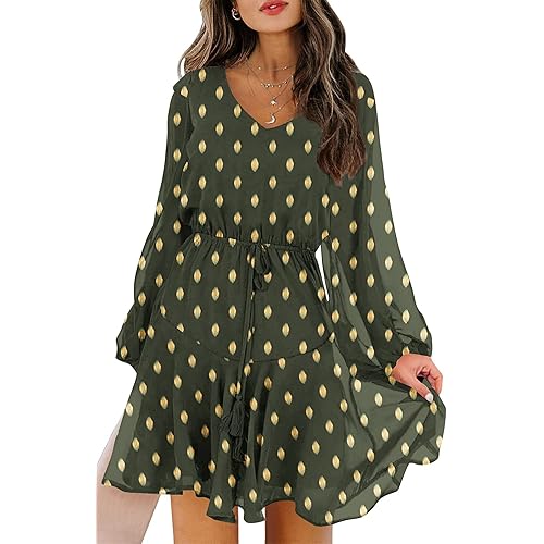 KIRUNDO Women's Long Sleeves V Neck Flowy Swiss Dot High Waist Chiffon Casual Mini Dress with Belt