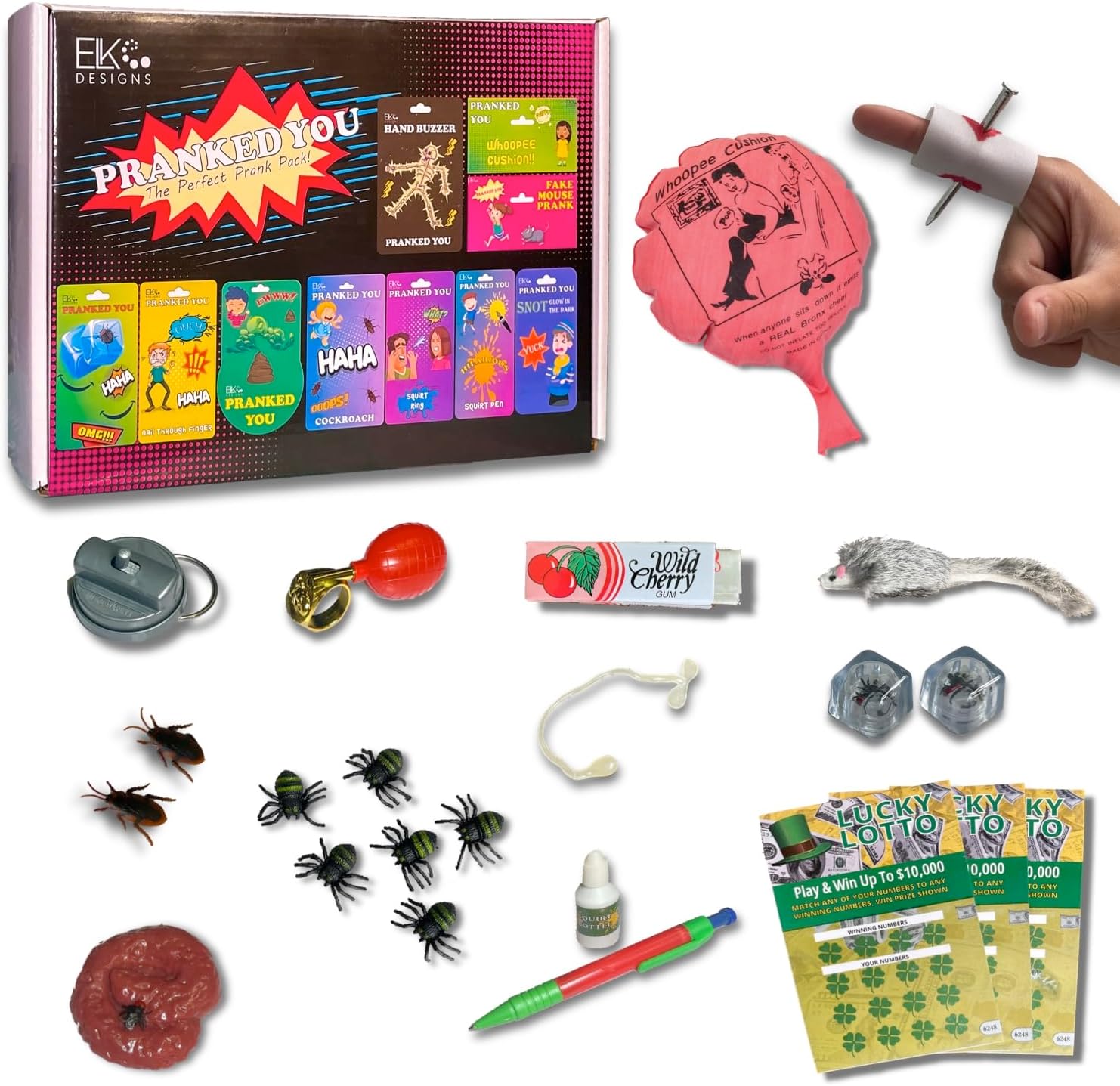 ELK DESIGNS Prank Kit - Funny Pranks for Kids - April Fools Gags & Practical Jokes - Hand Buzzer, Fake Cockroach & More
