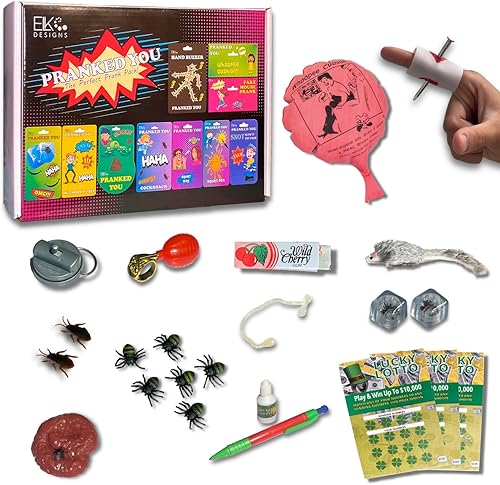 ELK DESIGNS Kit de broma – Bromas divertidas para niños – Bromas de April Fools y chistes prácticos – Zumbador de mano, cucaracha falsa y más